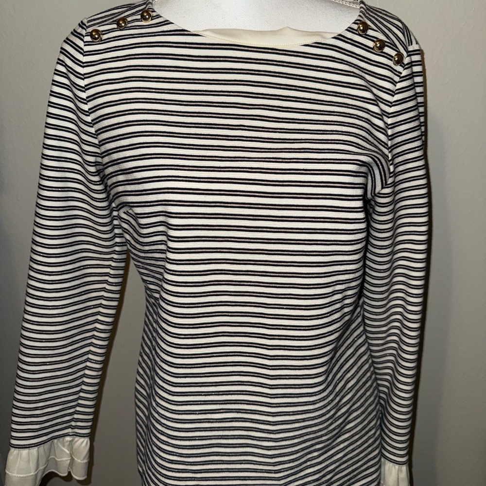 Talbots Black and White Striped Blouse with Button Details